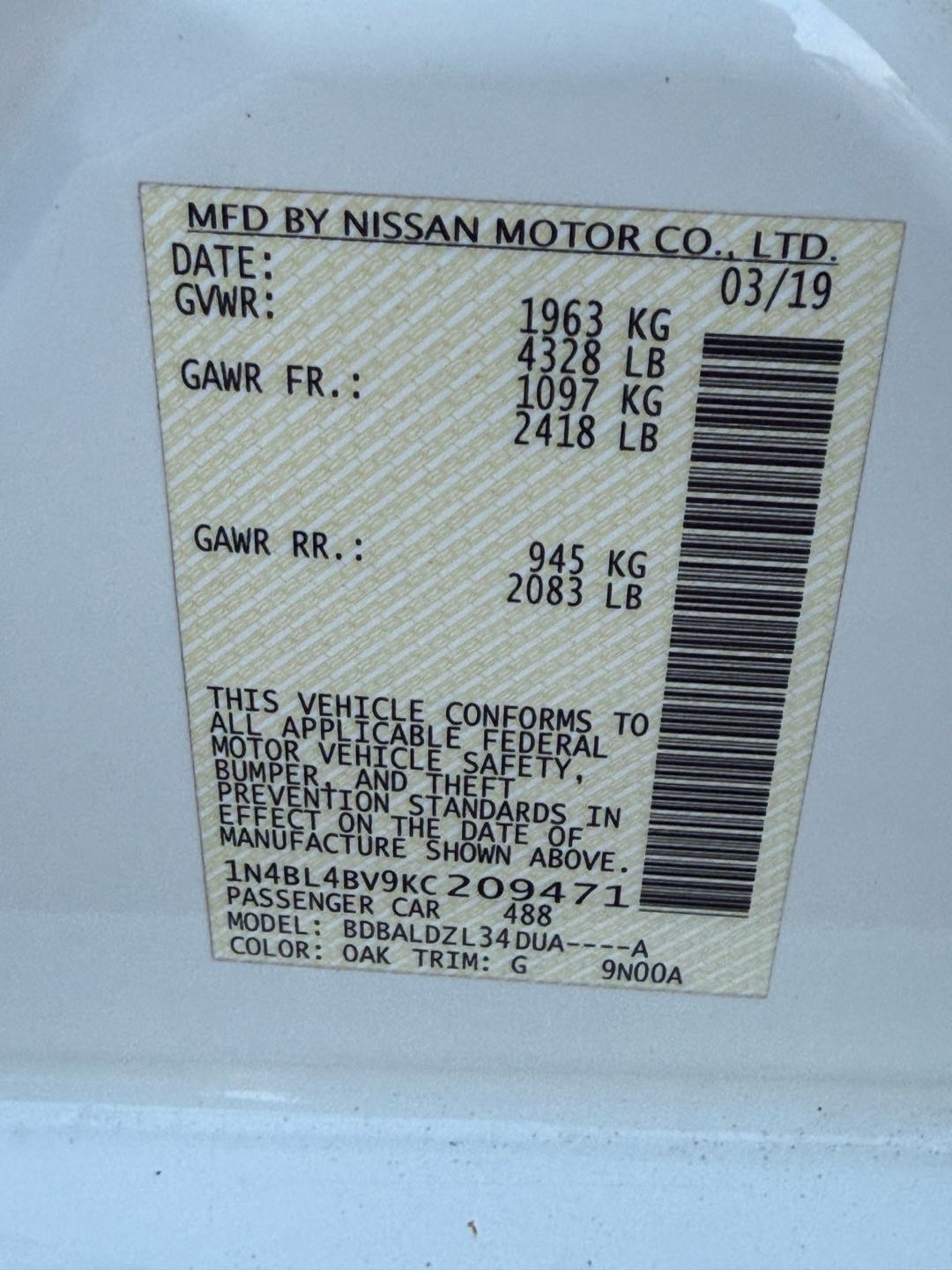 Car Image 2019 NISSAN ALTIMA S