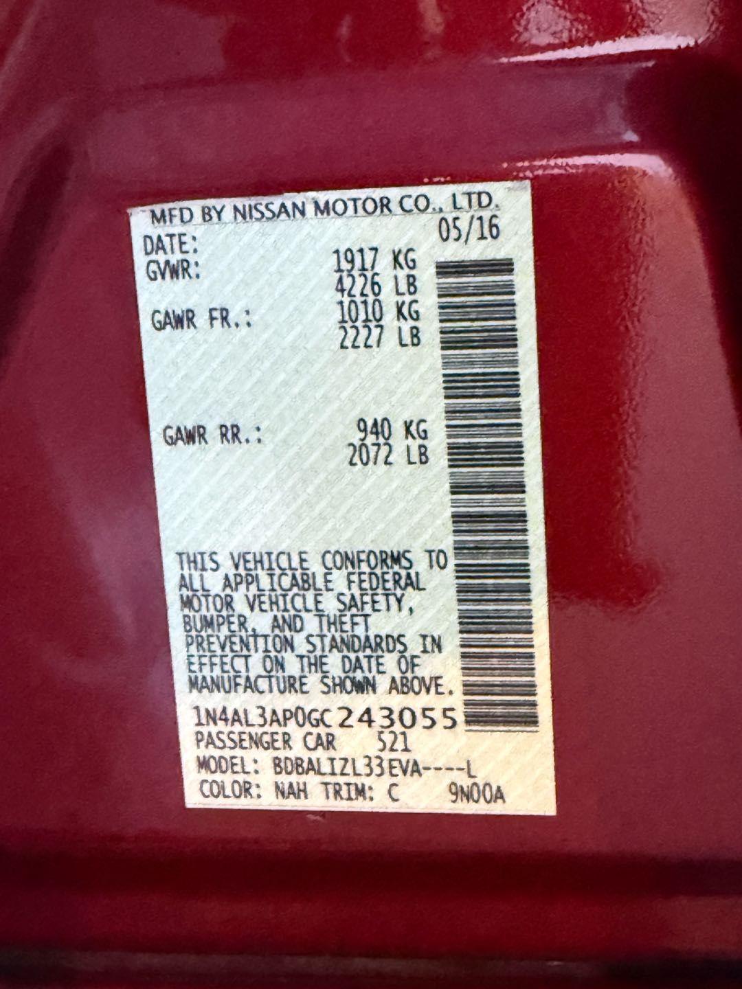 Car Image 2016 NISSAN ALTIMA SV
