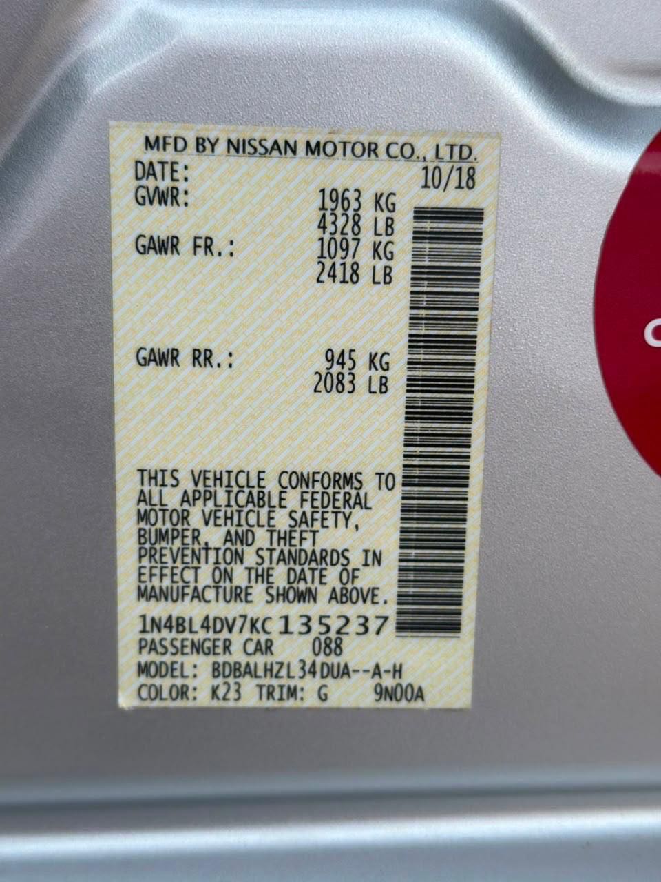 Car Image 2019 NISSAN ALTIMA SV
