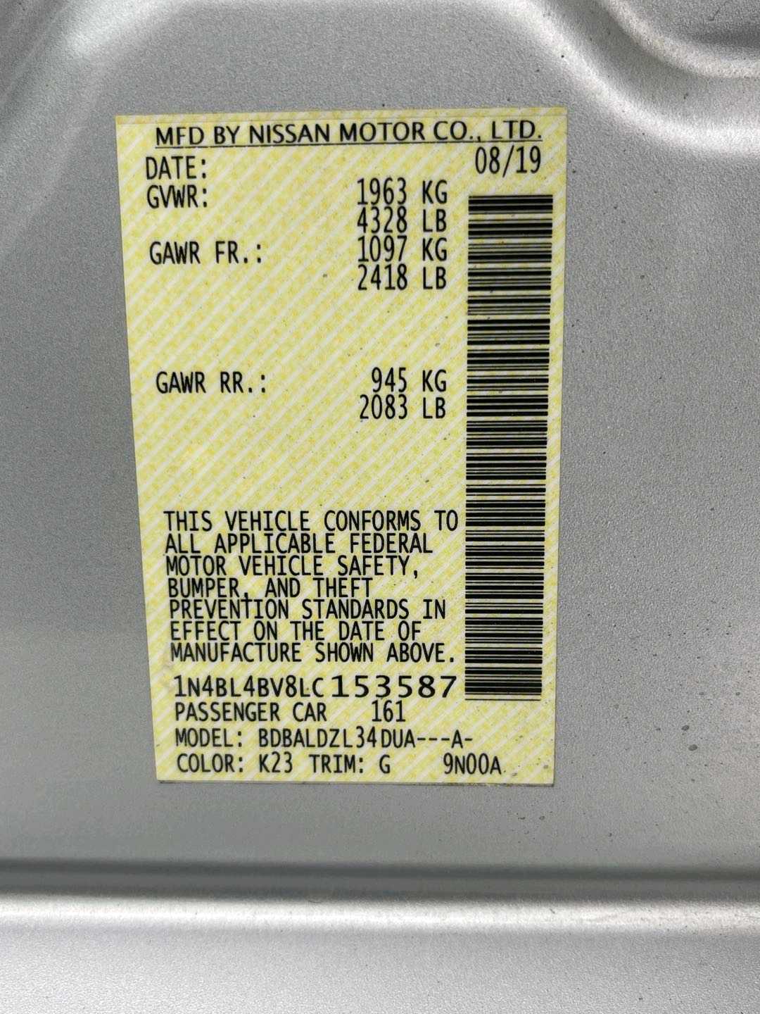 Car Image 2020 NISSAN ALTIMA S