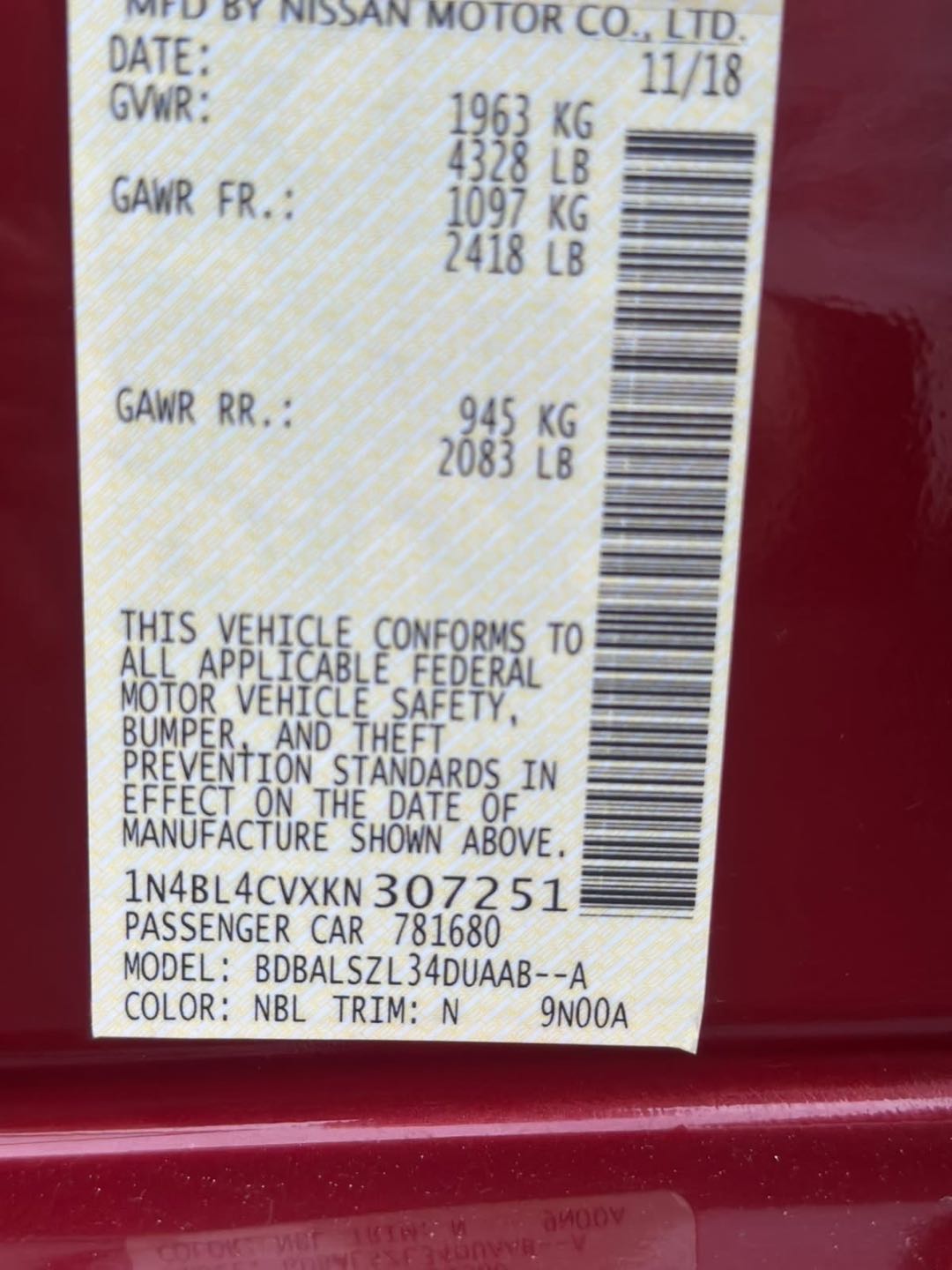 Car Image 2019 NISSAN ALTIMA SR