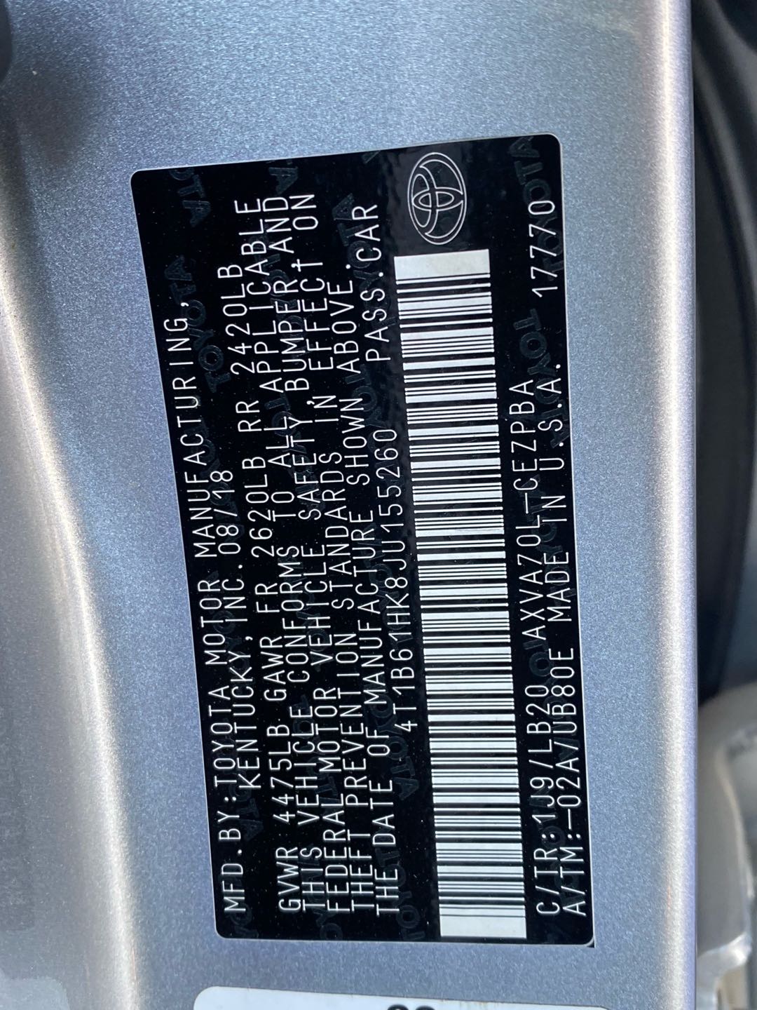 Car Image 2018 TOYOTA CAMRY XLE