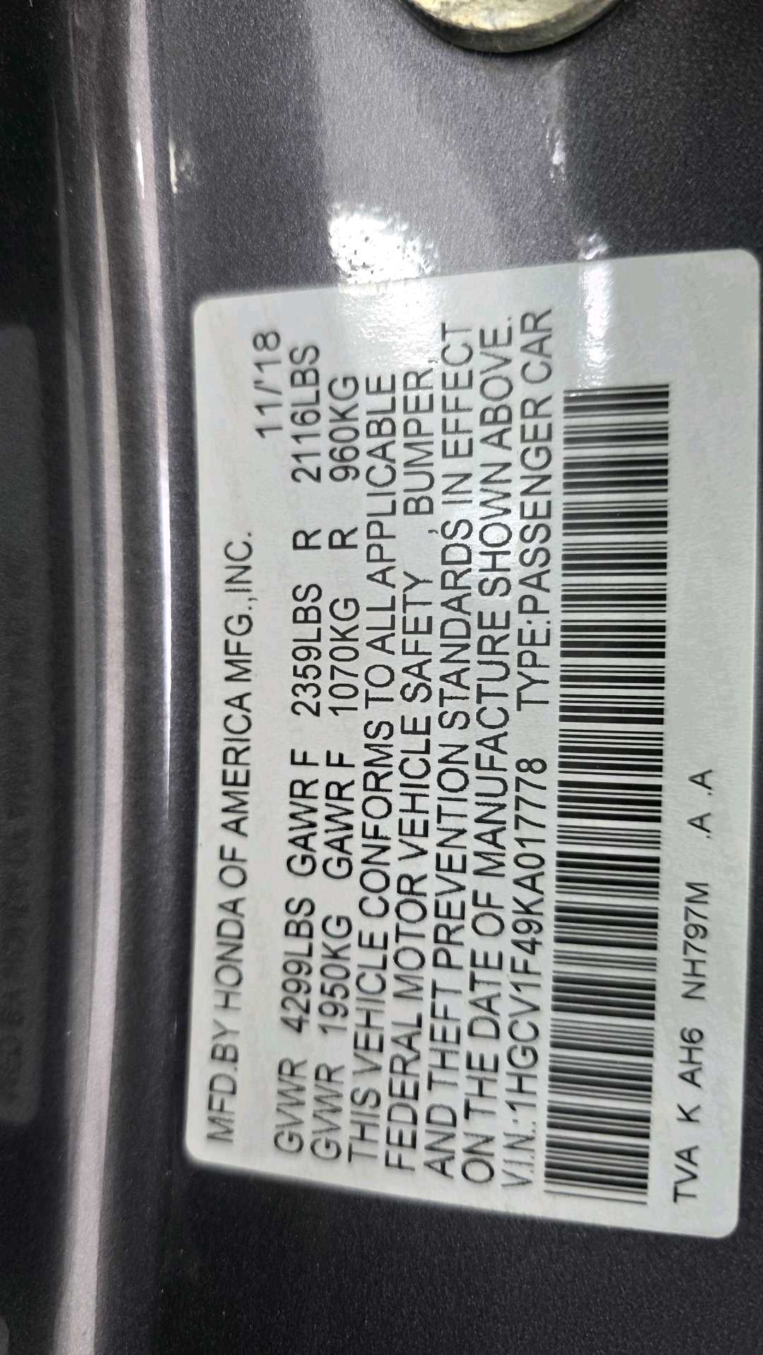 Car Image 2019 HONDA ACCORD EX