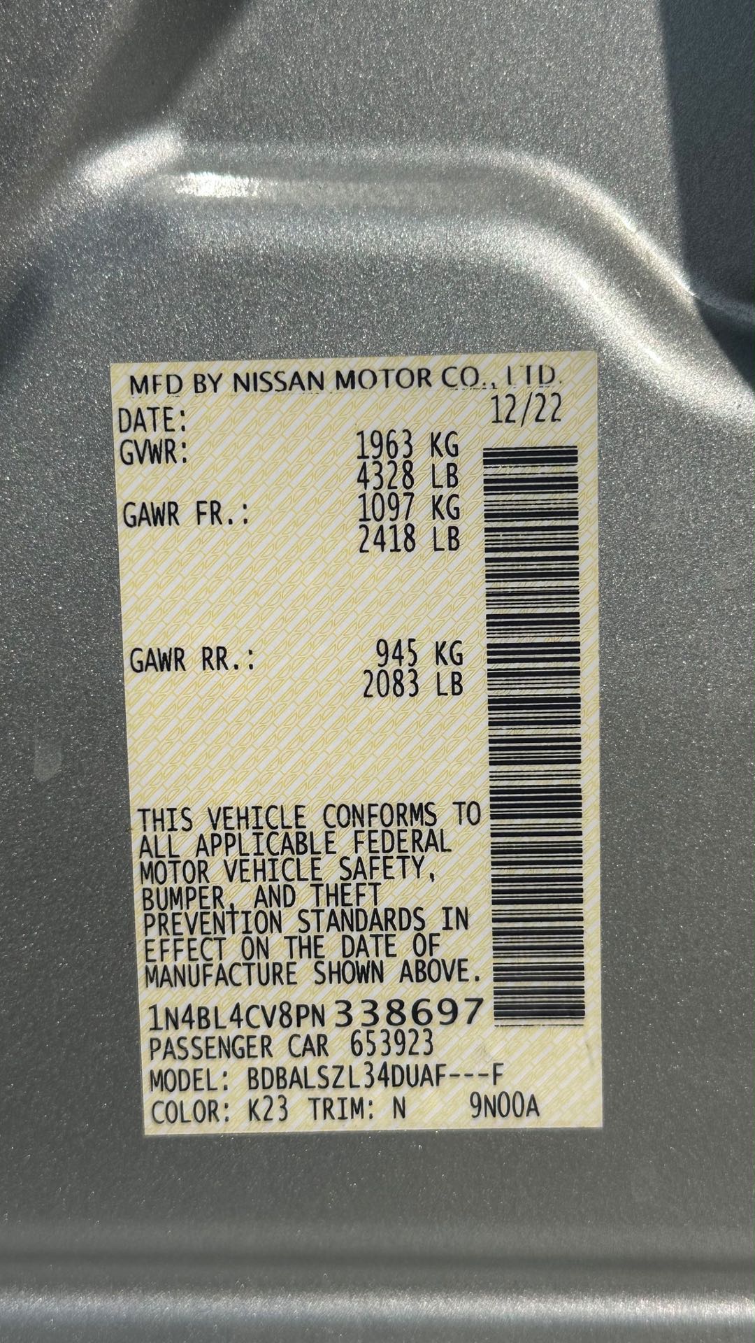 Car Image 2023 NISSAN ALTIMA SR