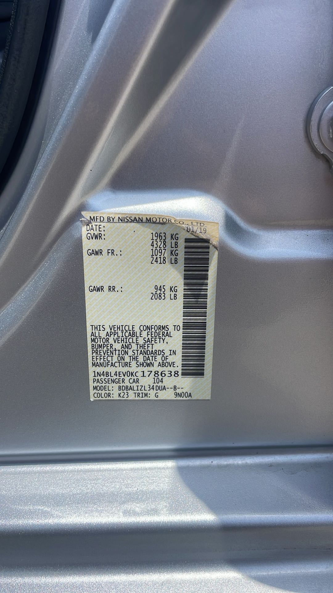 Car Image 2019 NISSAN ALTIMA SL
