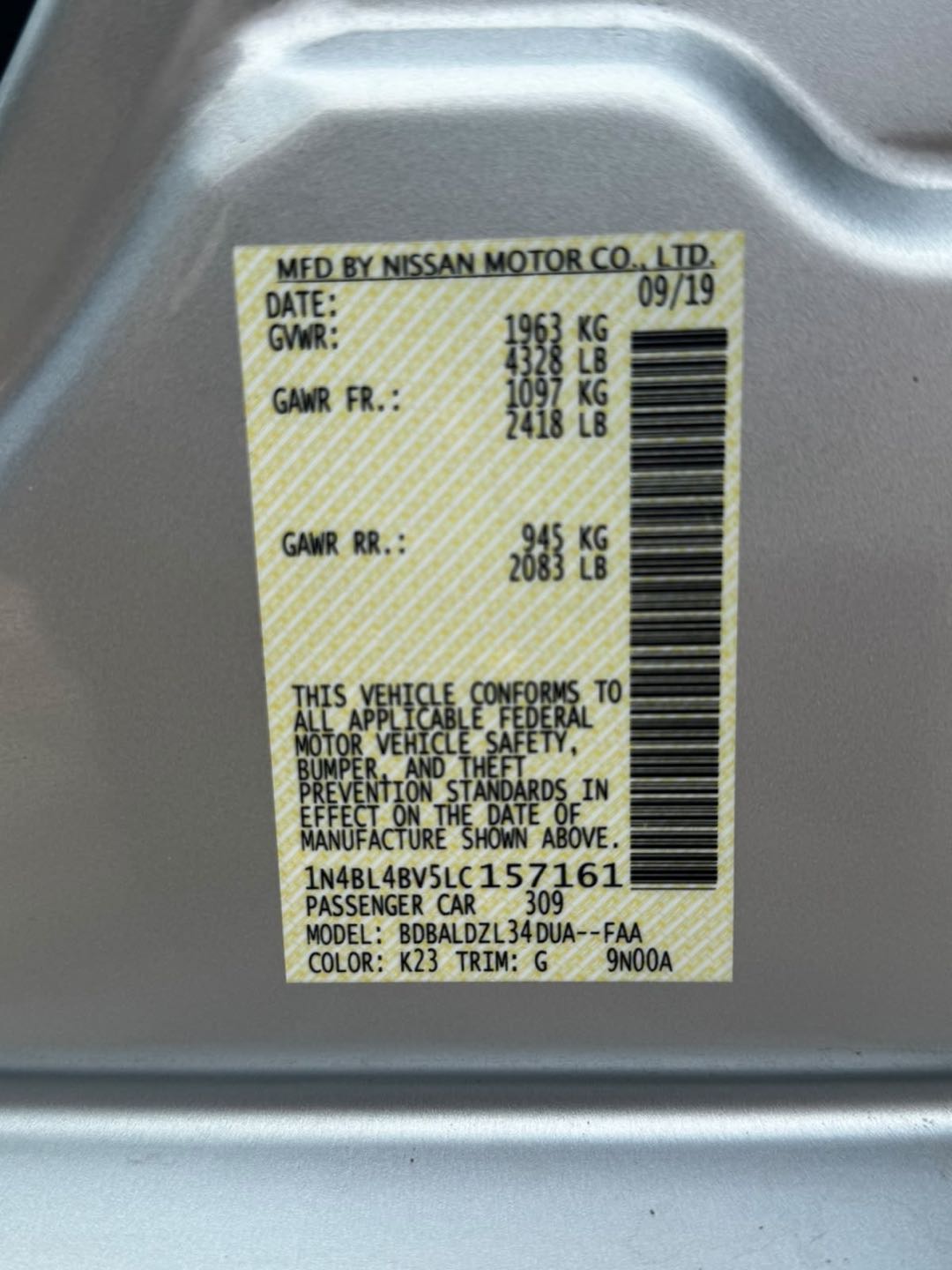 Car Image 2019 NISSAN ALTIMA S