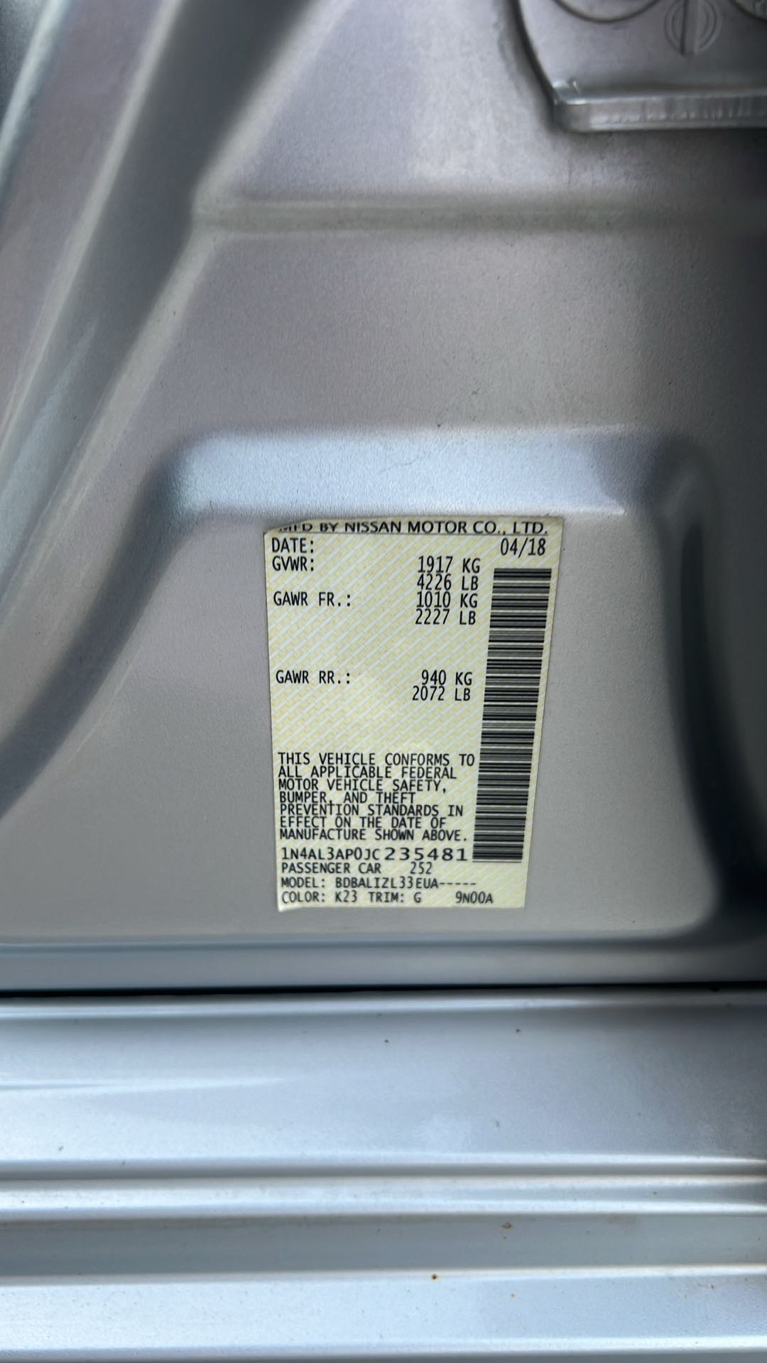 Car Image 2018 NISSAN ALTIMA SV