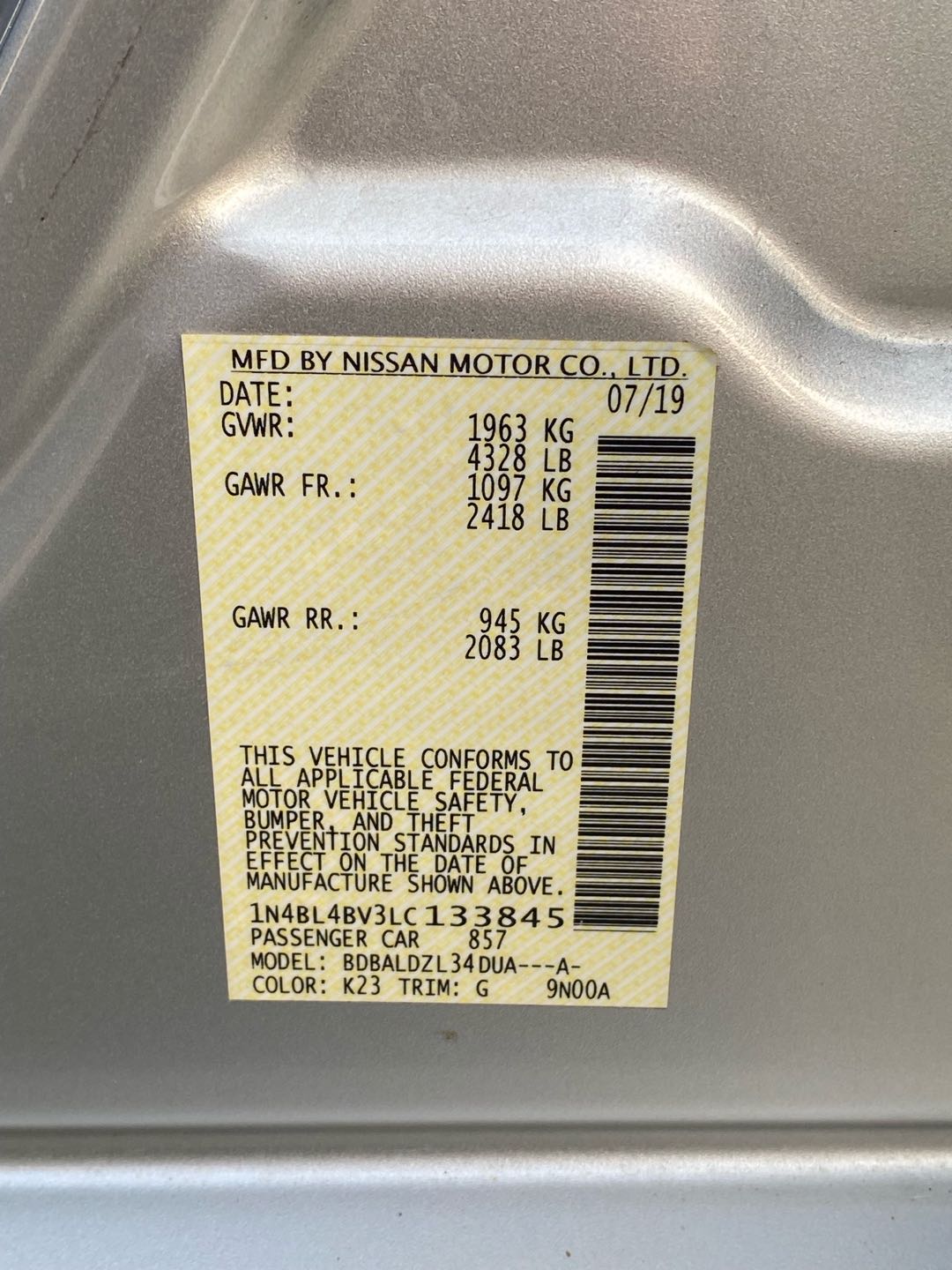 Car Image 2020 NISSAN ALTIMA S