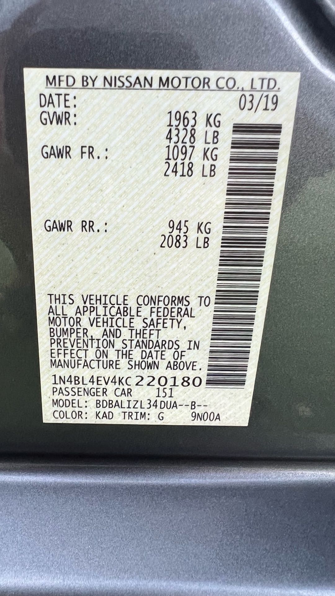 Car Image 2019 NISSAN ALTIMA SR
