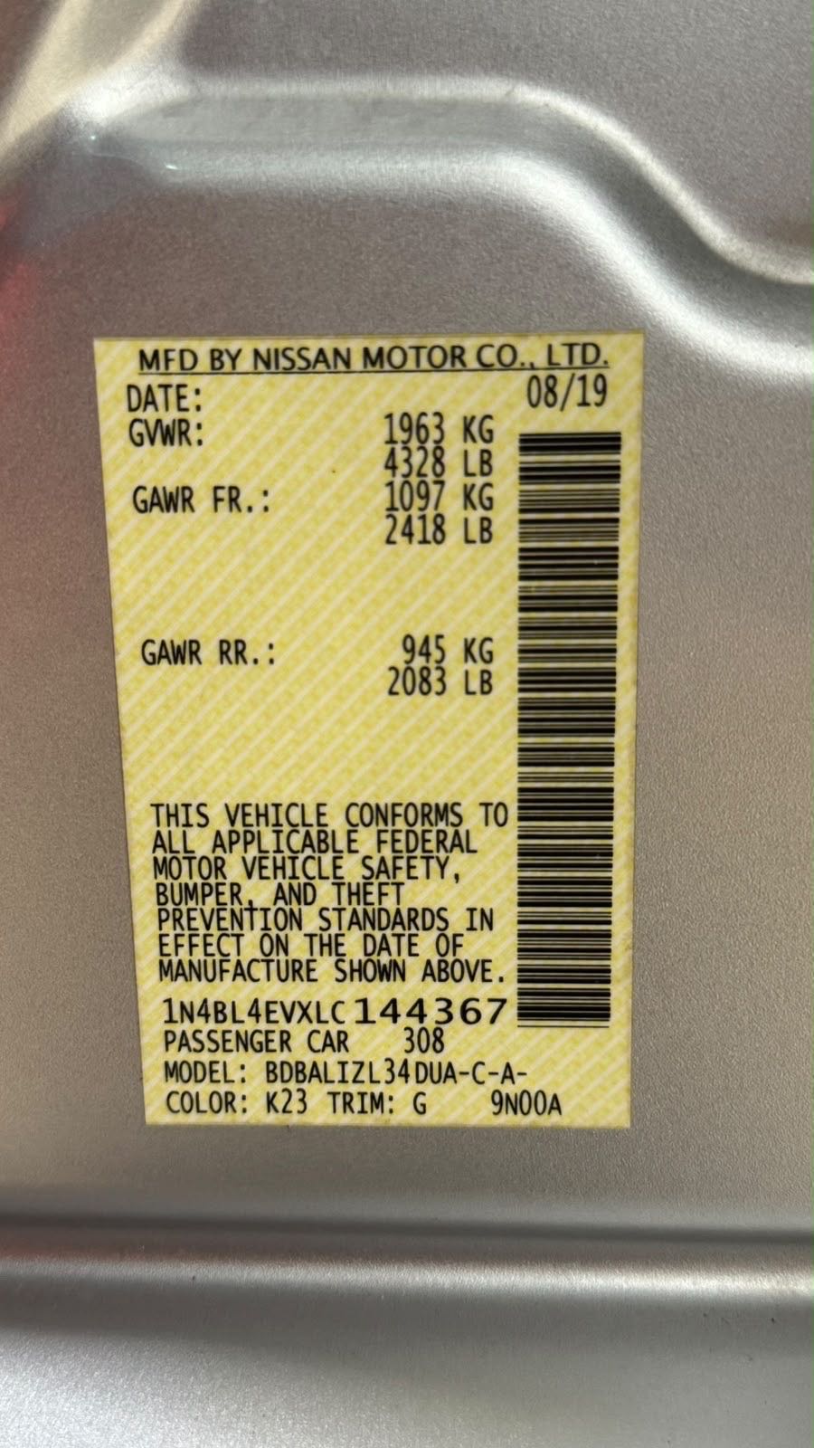 Car Image 2020 NISSAN ALTIMA SL
