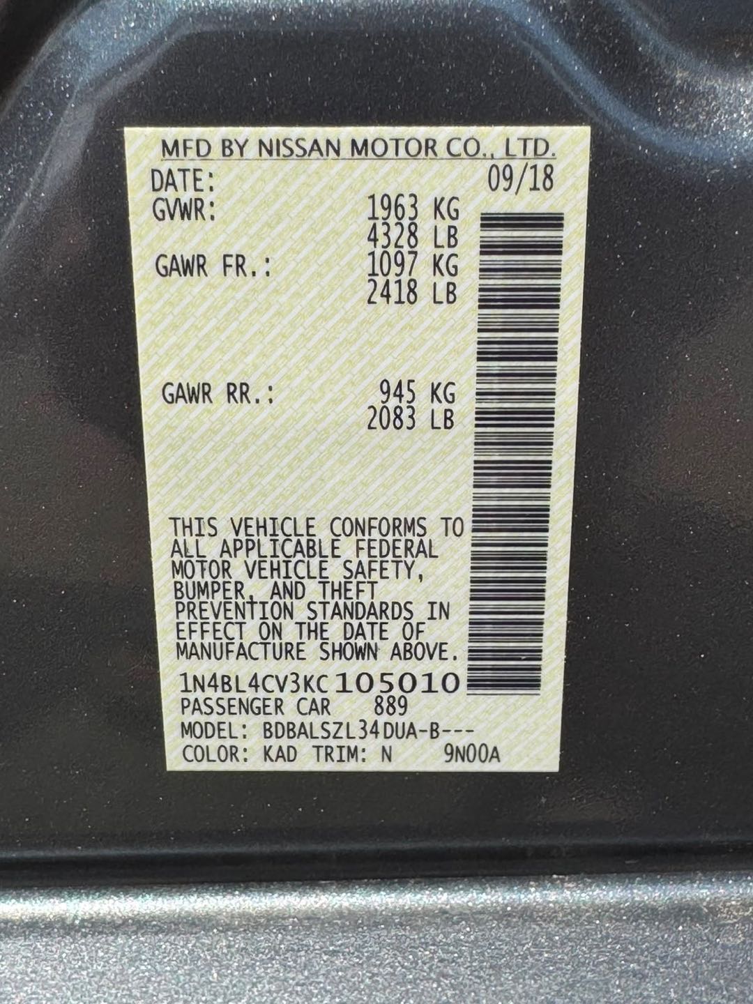 Car Image 2019 NISSAN ALTIMA SR