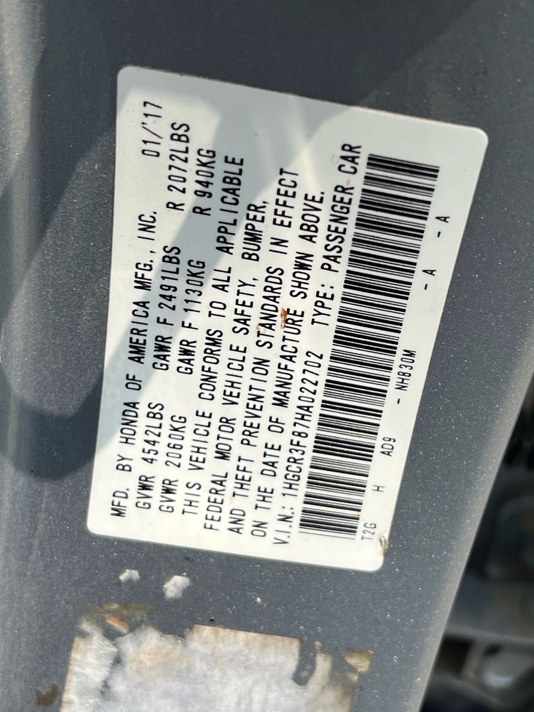 Car Image 2017 HONDA ACCORD EXL