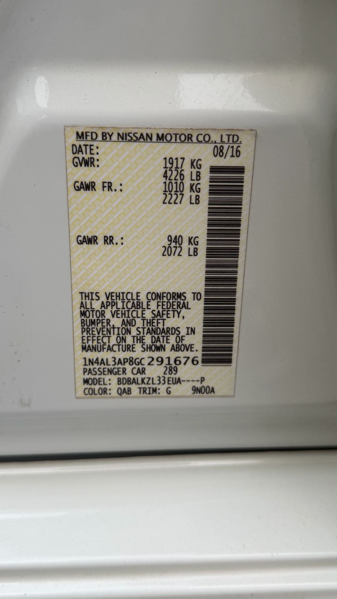 Car Image 2016 NISSAN ALTIMA SV