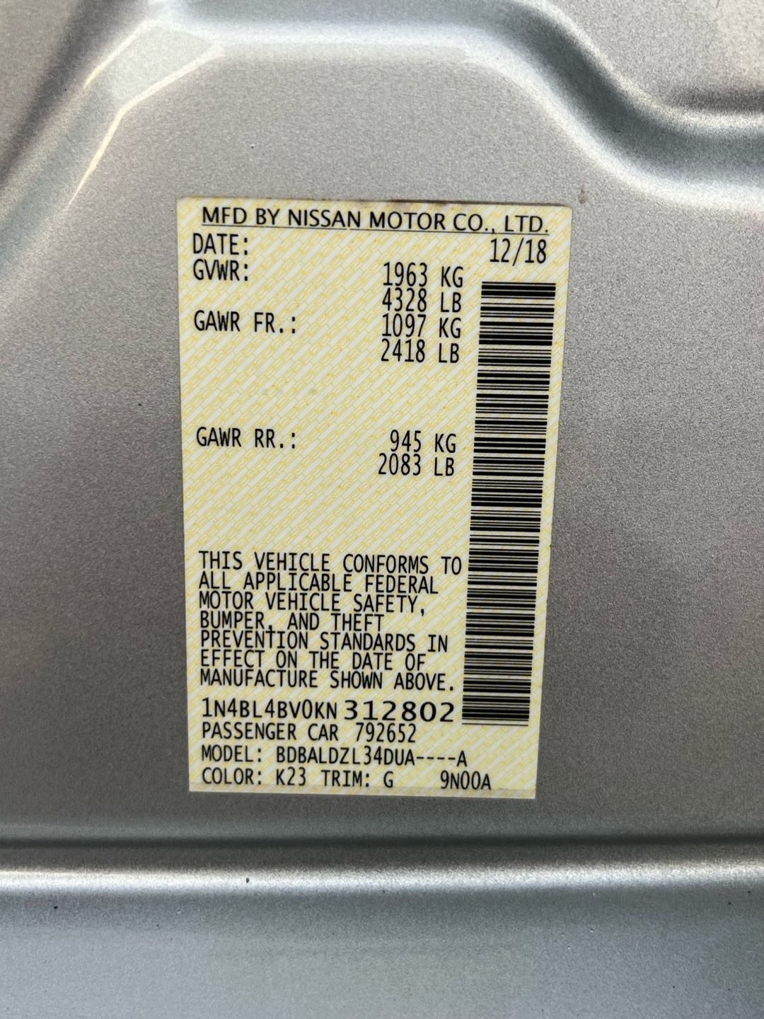 Car Image 2019 NISSAN ALTIMA S