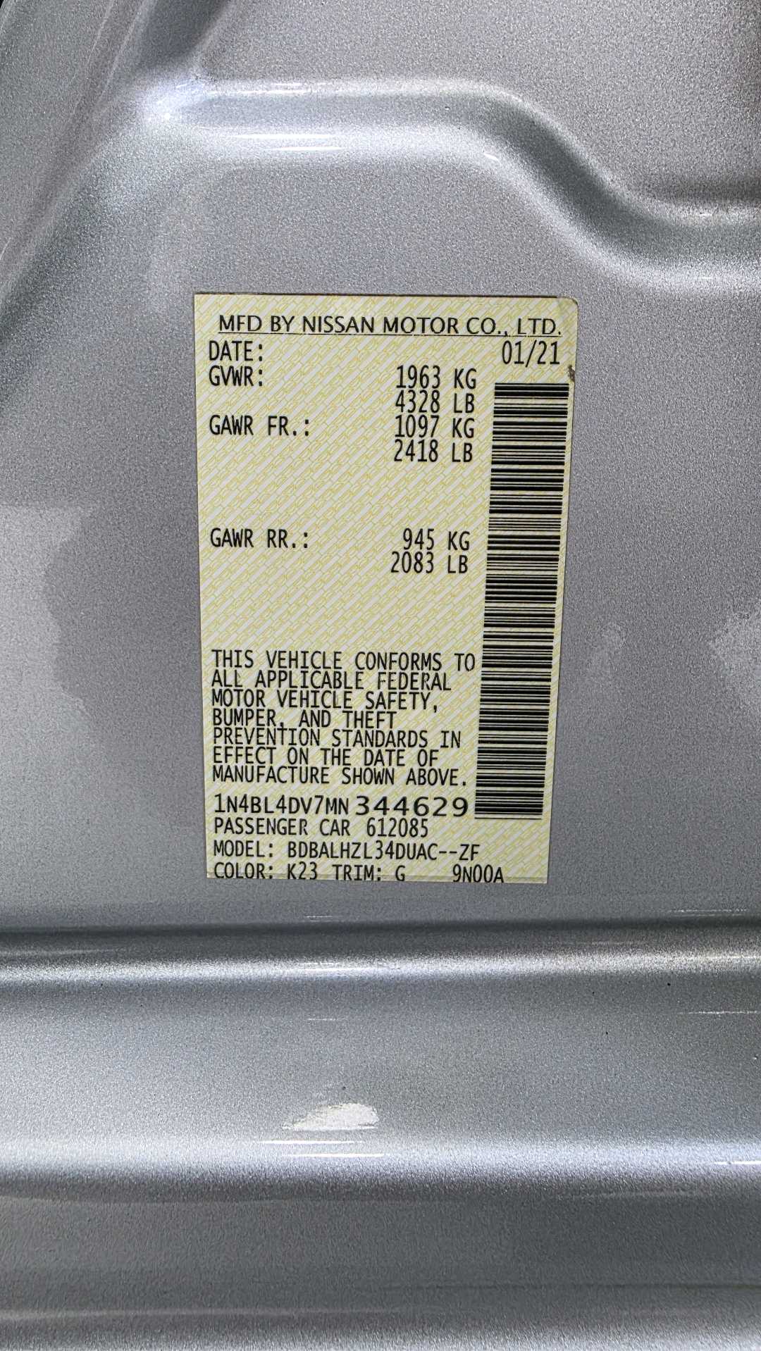 Car Image 2021 NISSAN ALTIMA SV
