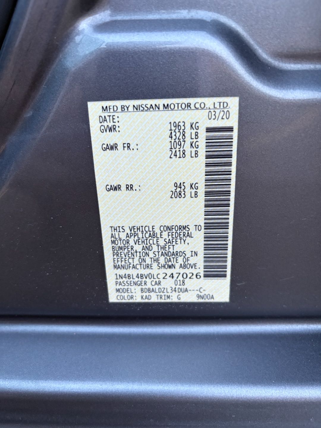 Car Image 2020 NISSAN ALTIMA S